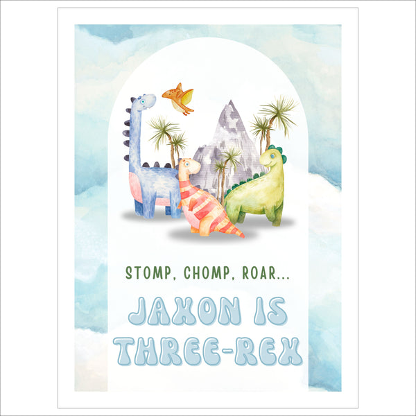 Third Birthday Welcome Sign | Watercolor Dinosaur Three-Rex