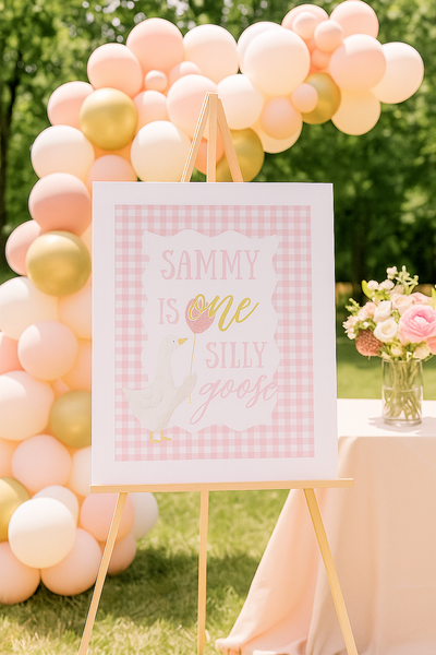 First Birthday Welcome Sign | Pink Gingham Silly Goose Watercolor
