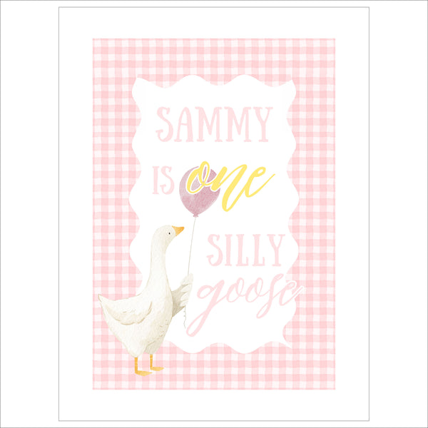 First Birthday Welcome Sign | Pink Gingham Silly Goose Watercolor