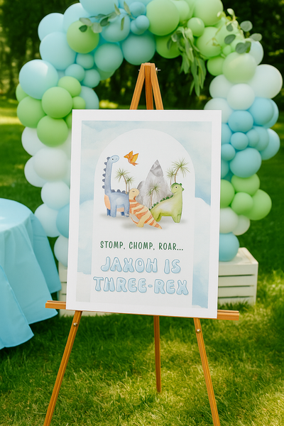 Third Birthday Welcome Sign | Watercolor Dinosaur Three-Rex