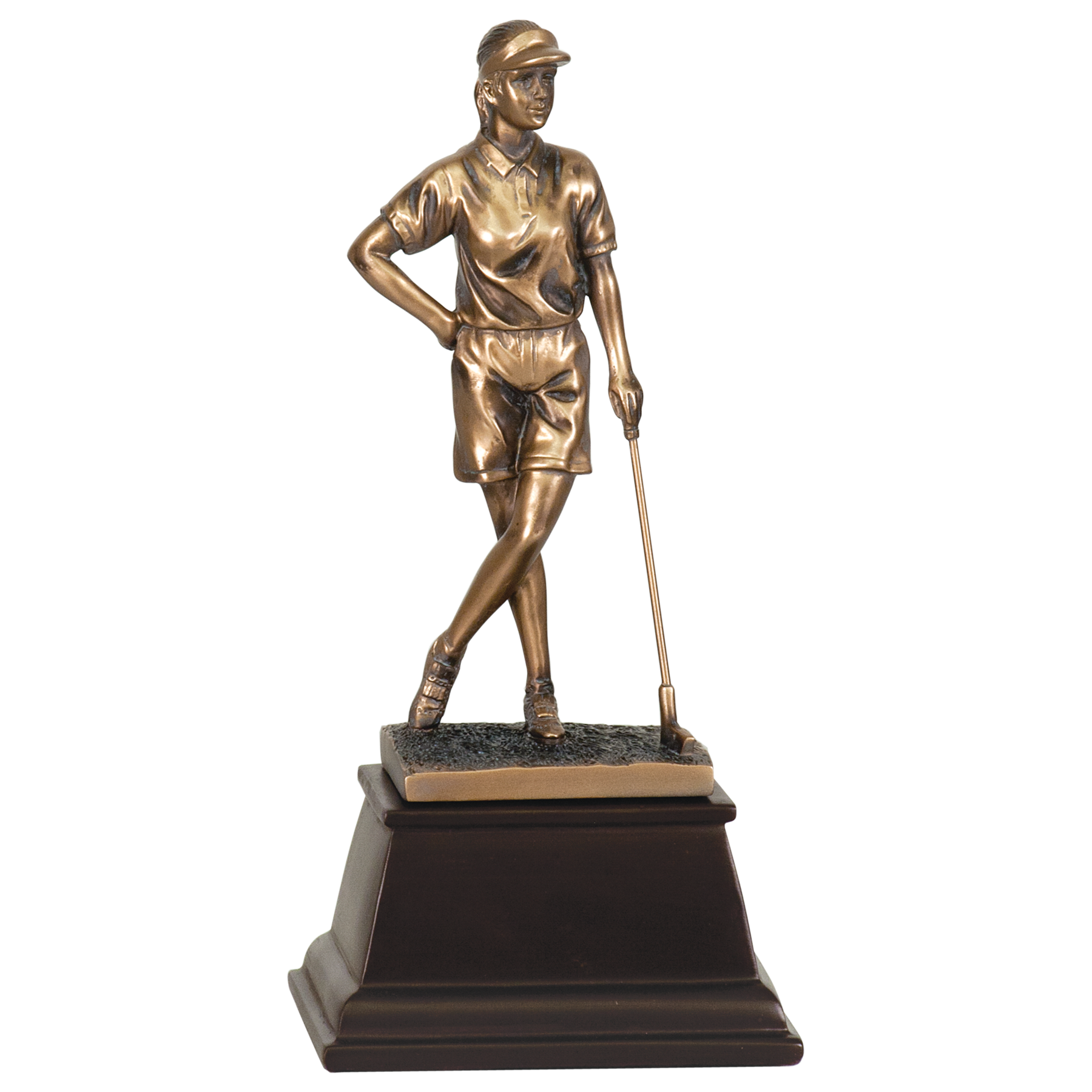 Medium sized bronze golf trophy on a tapered square dark wood base. The bronze female golfer is standing with her legs grossed and one hand on her hip and the other hand leaning on a golf club. She is staring off into the distance with a visor on.