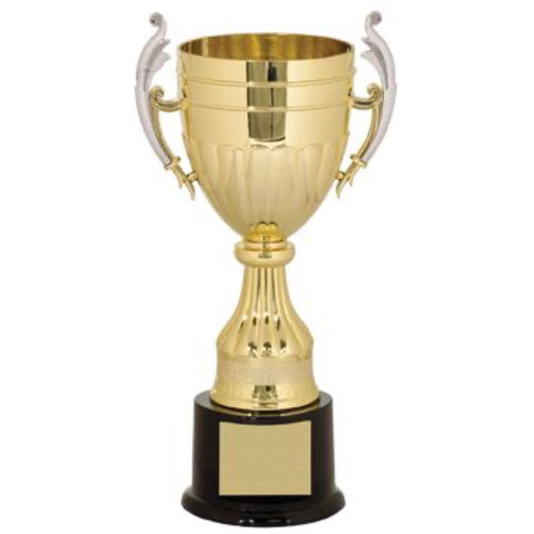 gold plastic trophy cup on black base