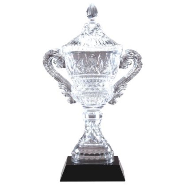 Crystal cup trophy featuring a black square tapered base and an crystal vase with two handles, one on each side. There is a lid and an ornate design throughout.