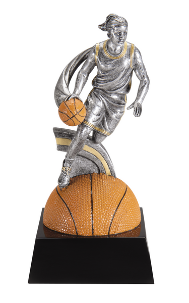 Large basketball trophy featuring a black shiny base and a semi circle basketball with a female basketball player standing on top dunking a ball.