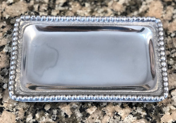 Shiny silver small rectangle shaped tray with a beaded edge. Center of the tray can be engraved with a special message.