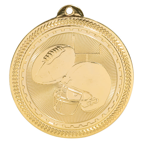 Gold football medal featuring a football, football helmet, and a field goal