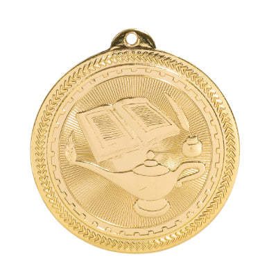 Gold academic medal featuring an open book, a quill and ink, and a large lamp of knowledge.