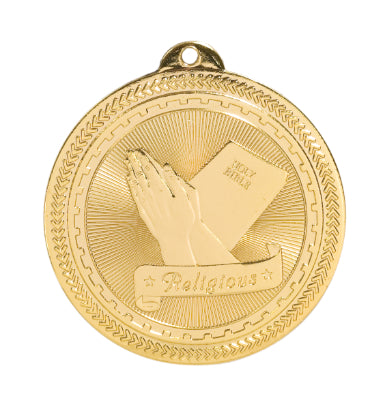 Gold religious medal featuring praying hands, a Holy Bible, and a banner at the bottom that says "Religious" with one star at each end.