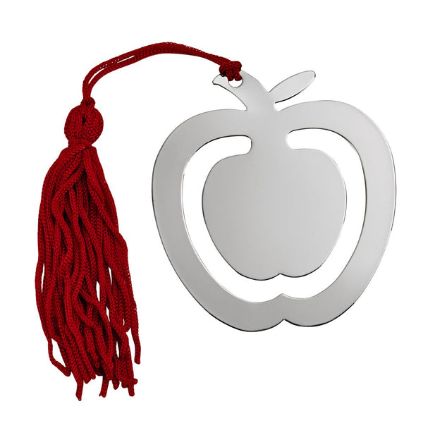 Monogrammed shiny silver apple shaped bookmark with a red tassel. 