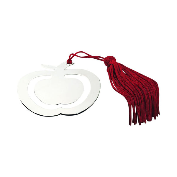 Monogrammed shiny silver apple shaped bookmark with a red tassel.