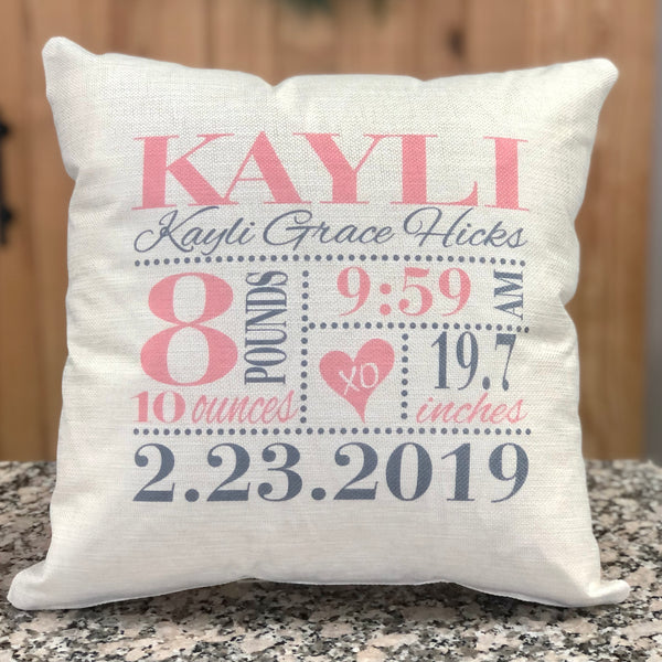 Baby Birth statistics custom pillow.