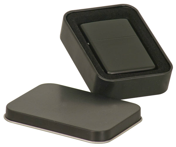 Matte black flip top lighter in a matte black aluminum box with lid.