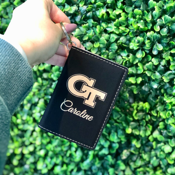 school logo leatherette keychain id holder