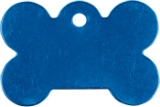 Blue metal bone shaped dog ID tag that can be engraved with details.