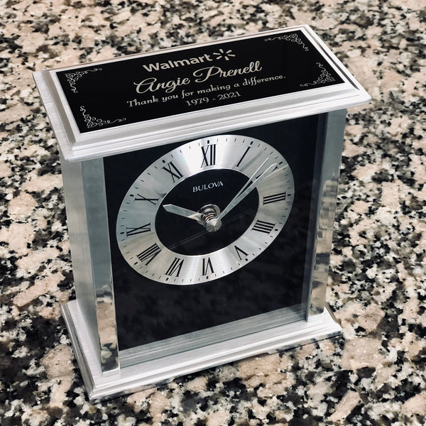 Bulova Baron Clock with engraved plate.