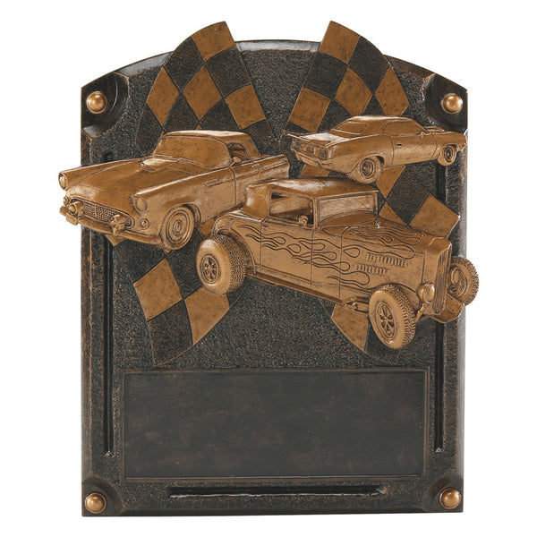 Bronze rectangular car show resin featuring a curved top, three hot rod cars, and a space for engraving below them.