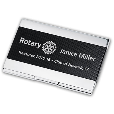 Shiny silver engraved business card holder with a large black checkered stripe running horizontally.