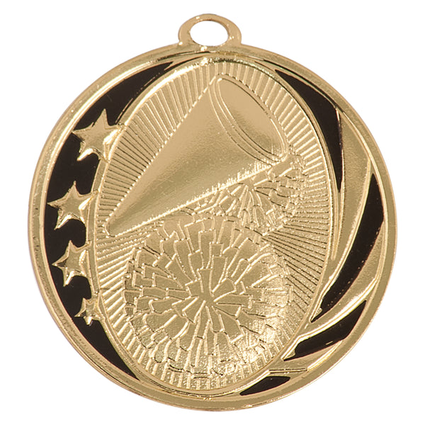 Gold and black cheerleading medal with stars, pom poms and megaphone design