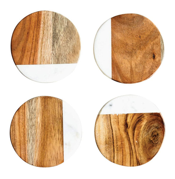 Set of four wood and marble engraved coasters. Coasters are 3/4 wood and 1/4 marble. Marble slab is at the bottom of each coaster.