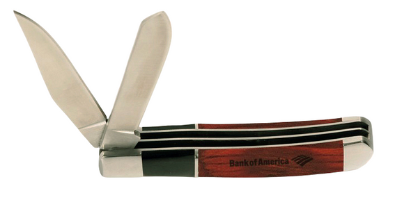 wood handle engraved double blade knife