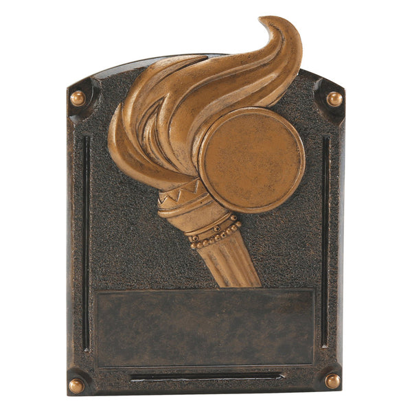 Bronze victory themed rectangle shaped plaque resin featuring a large torch and flame.