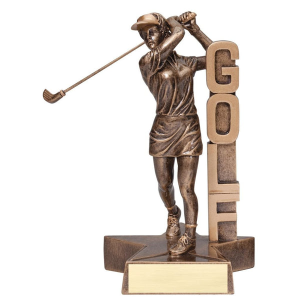 Bronze colored golf resin featuring a star shaped base and a female golfer who has just swung his club and is looking off into the distance. The word "GOLF" is displayed beside her vertically.