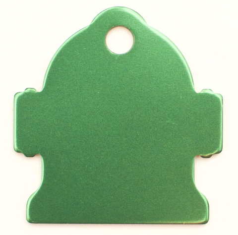 Green metal fire hydrant shaped dog ID tag that can be engraved with details.