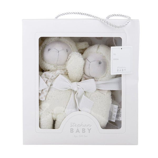 baby blanket, toy, and rattle gift set in gift box
