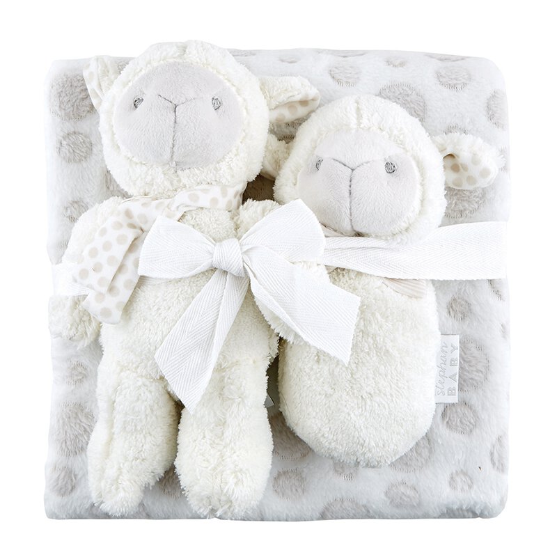baby blanket, toy, and rattle gift set