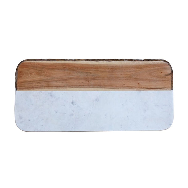 Rectangle cutting board featuring marble slab and wood section with real bark edge design.