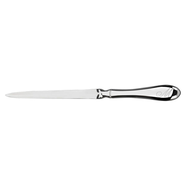 Shiny silver letter opener featuring a sleek rounded handle engraved with an "M" at the end.