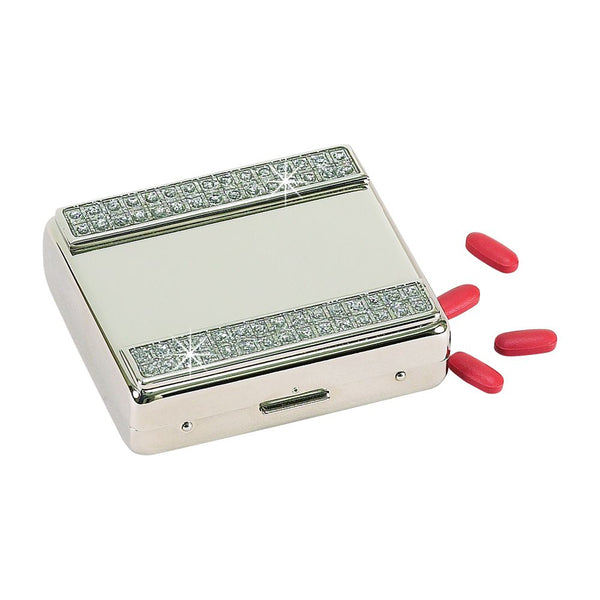 Shiny silver pill box feturing two glitter stripes, one at the top and one at the bottom of the lid. The center of the pill holder is flat and can be engraved.