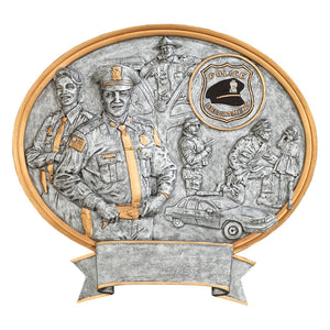 Silver oval shaped police award resin featuring a gold outline, a male and female cop, a cop in the background getting out of a squad car, a black police hat, an a policeman kneeling down talking to a little girl.