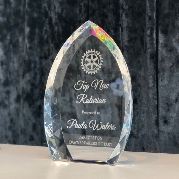 Custom engraved rainbow crystal trophy.
