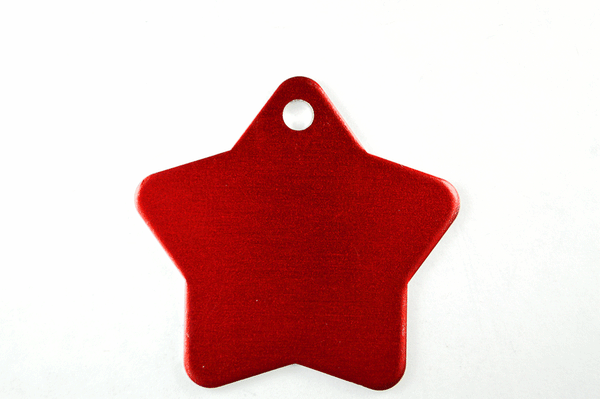 Red metal star shaped pet ID tag that can be engraved with details.