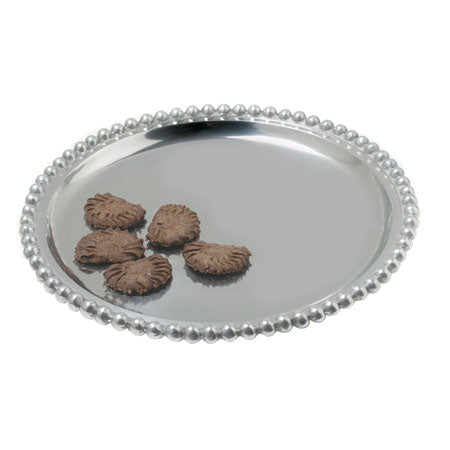 Round shiny silver tray with a beaded edge. The shiny silver tray can be engraved in the center.