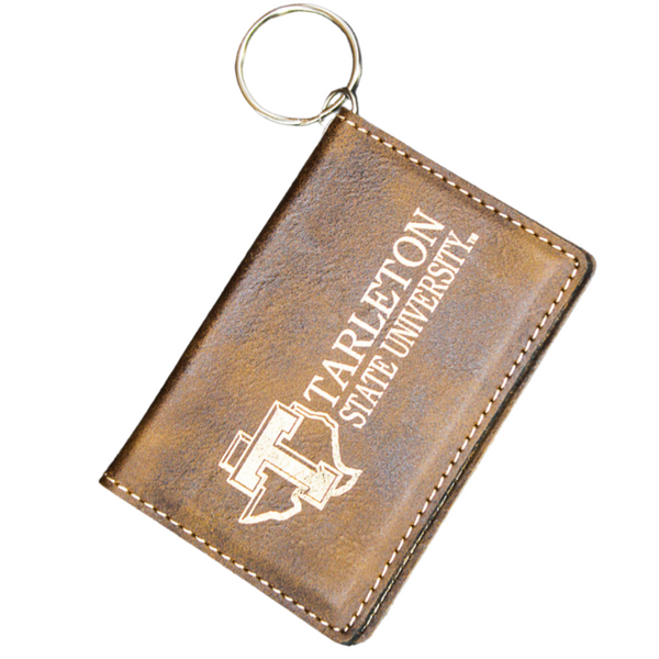 brown school logo leatherette keychain id holder