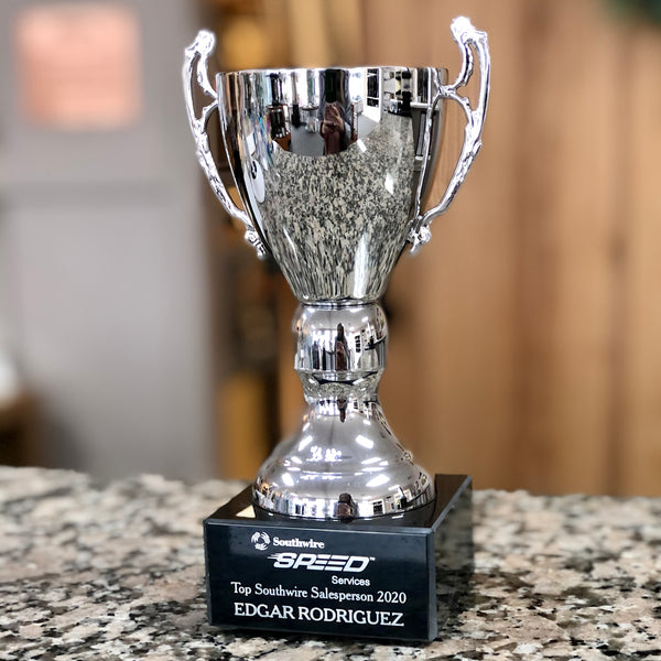 silver metal cup trophy with free engraved plate