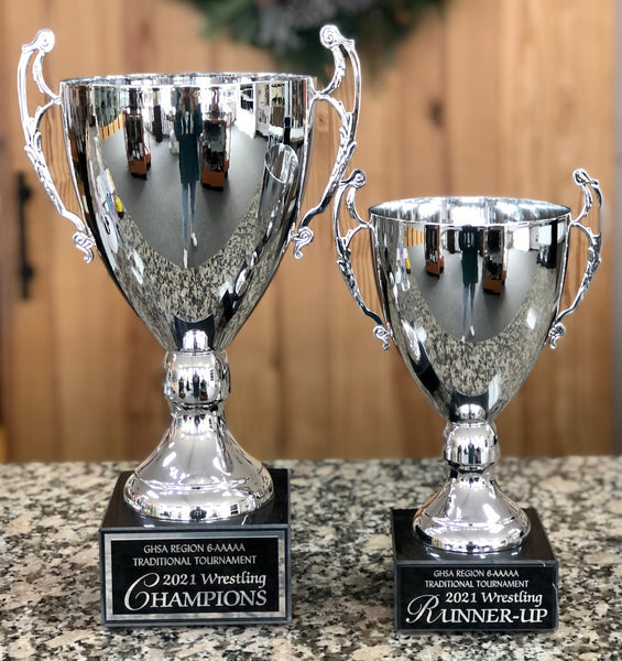 silver metal cup trophy with free engraved plate