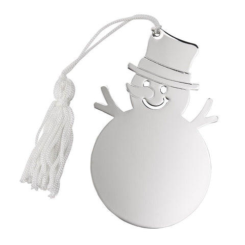 Shiny silver flat snowman shaped ornament with a white string and tassel attached to the hat for hanging. Snowman ornament is flat and can be engraved in the center.