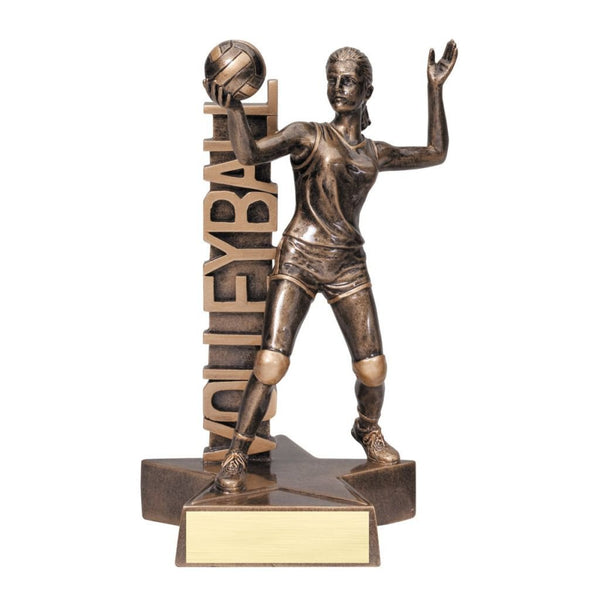 Bronze female volleyball player holding a voleyball above her head as if he is about to serve. The word "VOLLEYBALL" is displayed behind her vertically.