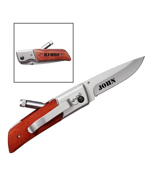 Large wooden handle pocket knife with a small flashlight that pops out of the handle. There is a silver clip attached to the back and the blade is engraved with a name. The wooden handle can be engraved with a name as well.
