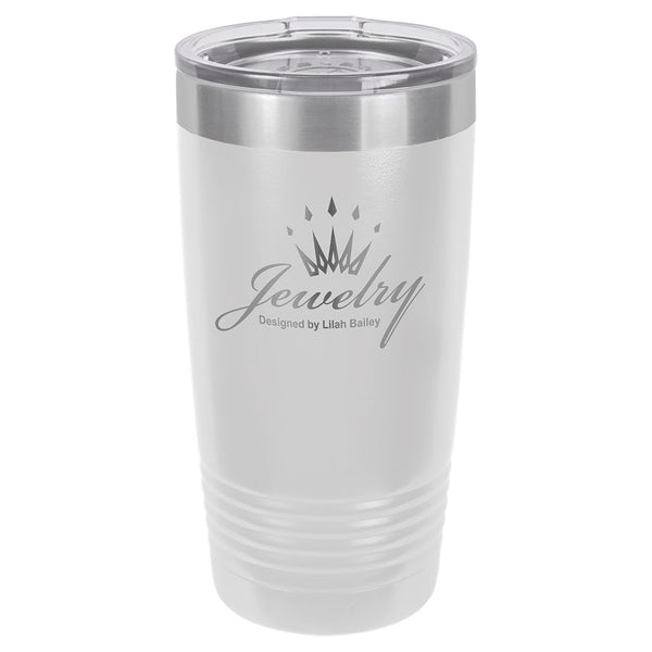 White engraved tumbler with a skinny ribbed bottom to fit in a cup holder. Comes with a clear plastic lid.