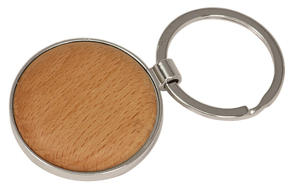 Personalized round wood and metal keychain.