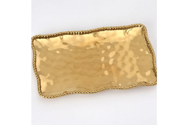 Medium Gold Rectangle Serving Platter | Beaded Edge Tray