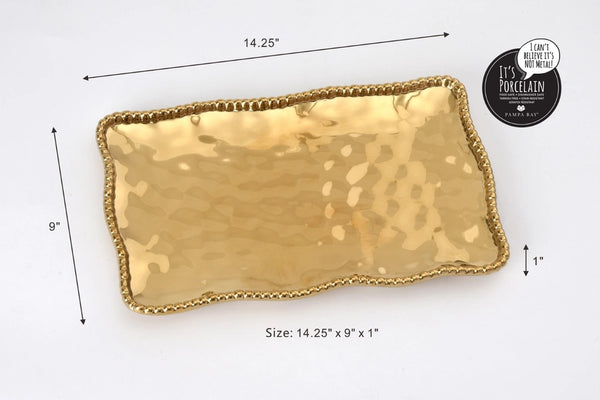 Medium Gold Rectangle Serving Platter | Beaded Edge Tray