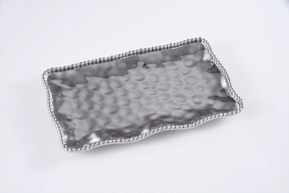 Medium Silver Rectangle Serving Platter | Beaded Edge Tray