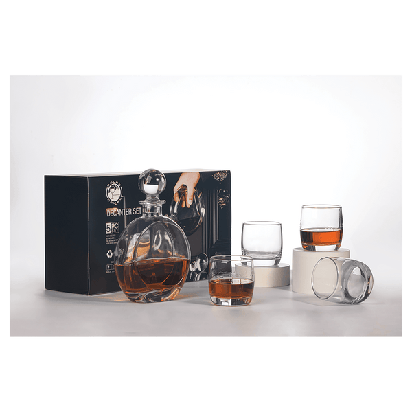 Flat Round Glass Decanter Set with Rocks Glasses