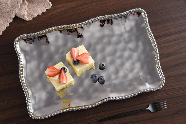 Medium Silver Rectangle Serving Platter | Beaded Edge Tray