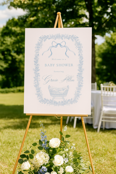 Baby Shower Welcome Sign | Blue Floral Baby Bassinet